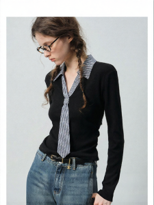 Áo Thun Len Họa Tiết Carô Vintage Tay Dài