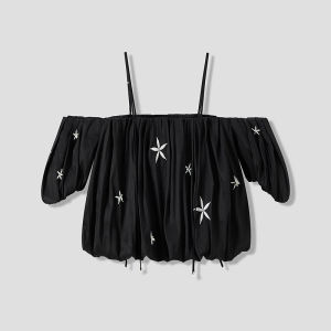 Design Stitched Beaded Spaghetti Strap Off-shoulder Top
