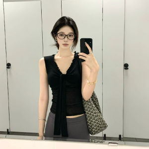 YUEZHONGWEI | French V-Neck Lace Trim Strappy Black Crop Top