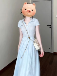 SENWA | French Style Blue Polo Collar Summer Waist Cinching Dress Long