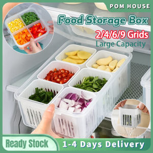 2/4/6/9 Grids Draining Box Split Fresh-Keeping Box Transparent Multi-function Refrigerator Food Vegetable Fruit Chopped Green Onion Storage Box Divided Container Kitchen Storage Tool Refrigerator Preservation Box  厨房食品收纳盒