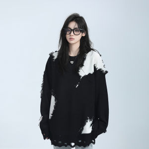 บล็อกสีเฮฟวี่เวทอเมริกัน เสื้อสเวตเตอร์ ผู้หญิง ฤดูใบไม้ร่วง ฤดูหนาว Lazy Style หลวม เสื้อสเวตเตอร์ถัก อินเทรนด์ ผ้าขูดด้วยมือ