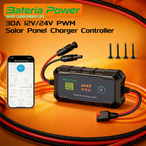 BateriaPower 30A PWM Solar Charge Controller 12V24V Built-in BTAPP ControlBateria Power Intelligent Plug and Play Portable Max PV 900W 55Voc Bluetooth Connection Phone Portable