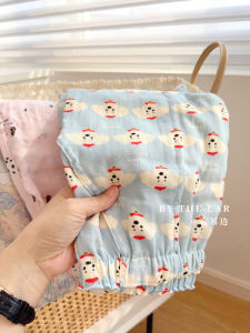 กางเกงนอนผ้าฝ้ายลายการ์ตูนสุนัขน่ารักสำหรับผู้หญิง กางเกงขายาวสองชั้น เอวยางยืด ทรงหลวม ฤดูใบไม้ผลิ 2025