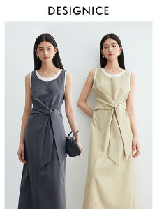 Designice Simple Summer New Elegant Sleeveless round Neck Commute Dress Women High Waist Polyester Fiber Long Dress