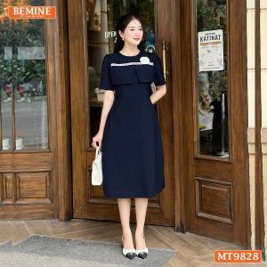 Đầm thiết kế BEMINE cổ tròn dáng A nắp túi ngực viền ren phù hợp đi làm đi dạo phố-MT9828