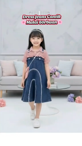 MIDI Dress GEMPITA Jeans Salur Viral Fashion Anak Perempuan 2-10 Tahun Korean Style Bahan Jeans Mix Katun Salur Free Tas Import Wash