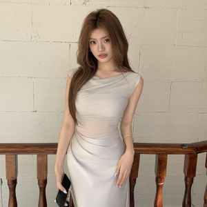 VKSOD | Váy dài đuôi cá bằng vải satin kiểu Pháp cho nữ mùa hè 2025 ôm vừa vặn tôn dáng váy dài không tay màu trơn