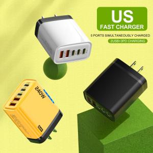 240W Fast Charger 5 in 1 Desktop With LED Light 2 USB+3 Type-C Multi Port Phone Charger EU/US Plug  For iPhone Samsung Huawei