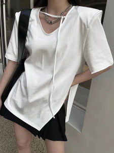White V-neck Short-Sleeved T-shirt for Women Pure Cotton Summer Stylish Niche Style Side Slit Easiest for Match Casual Padded Shoulder Tops Women