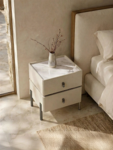 Natural Luxury Stone Top Cream Colored Double Drawer Metal High Leg Bedside Cabinet