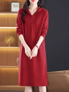 Thickened Knitted Dress Ultra Warm Long Sleeve Hooded Mid-Length Loose Fit Winter Fashion Korean Style Commute Button Splice