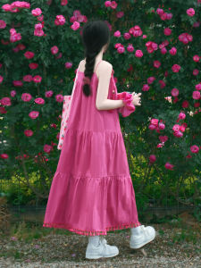 QINWEIYU | Dopamine Style French Strap Dress Women Summer New Sweet Beach Vacation Long Skirt Cotton Polyester High Waist A-Line Gown