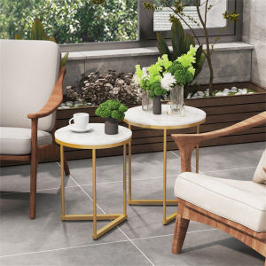 WISFOR หินอ่อนโต๊ะกลาง โต๊ะกาแฟ Nesting Side Tables กรอบโลหะ เสริมสร้างความสวยงามของใบหน้า โต๊ะกลางโซฟา 2 ชิ้น