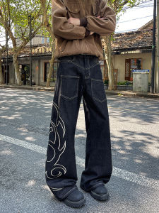 กางเกงยีนส์ขากว้างสไตล์ย้อนยุคแบบอเมริกัน กางเกงยีนส์ทรงหลวมสบายๆ กระเป๋าข้างแบบโค้ง ทรงหลวม กางเกงขายาวสำหรับใส่ไปเที่ยวในเมือง