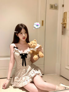 Summer New Arrival Beige Dots Suspender Skirt for Women Young Adult Gentle Sweet Dress Shebyshj Vietnam