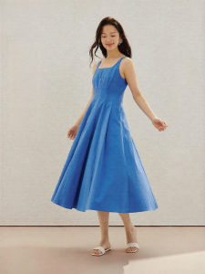 INMAN | French Square Neck Pleated Camisole A-Line Dress