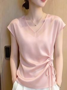 Áo Blouse Ôm Body Cổ V Có Nếp Nhăn Ở Eo