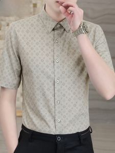 HENGYUANXIANG | Hengyuanxiang Mens Ice Silk Short Sleeve Shirt Casual Summer Fashionable Print No Ironing Business Casual Style Polyester Blend