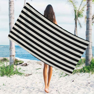 Black Beige Vertical Stripe Quick Drying Microfiber Beach Towel Lightweight for Swimming Camping Yoga - Bath Towel