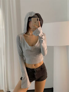 เสื้อสเวตเตอร์มีฮู้ดเอวสูงสั้นเปิดหลังแขนยาวคอวีสไตล์สตรีทสำหรับเต้นรำในฤดูใบไม้ร่วง