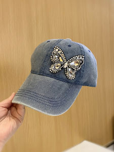 Korean Style Rhinestone Butterfly Denim Baseball Cap Womens Large Head Circumference Face Slimming Fashionable Hat for All Seasons