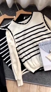 Atasan Rajut Wanita Stripe korean Style Sweater Motif Garis-Garis Terbaru
