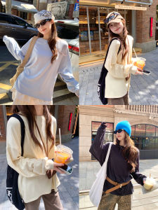 Lazy Style Oversize Long Sleeve Womens T-shirt Fall 2025 New Casual Cotton Blend Comfortable Breathable High Waist round Neck