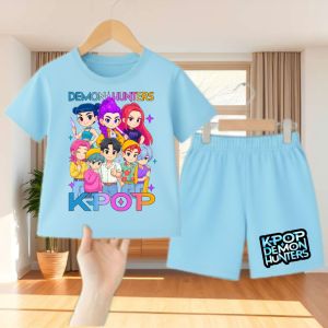 Baju Setelan Anak Cewek Motif K-Pop Demon Hunter Kaos Baju Celana Anak Bahan Vista Terry Usia 2-12 Tahun
