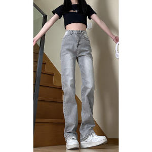 กางเกงยีนส์ทรงตรงเอวสูงสำหรับผู้ชาย สีเทาบุหรี่ ทรงสลิมฟิต กางเกงขายาวทรงสตรีทสไตล์อเมริกัน กางเกงยีนส์ทรงตรงยืดหยุ่น