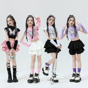 LOlanta Girls Jazz Hip-hop Dance Outfit Butterfly Printed Pattern Crop Top Arm Sleeves Design Layered Mini Skirt Street Dance Performance Costume