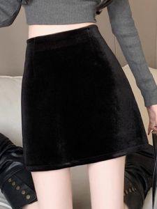 Retro Gold Velvet A-Line Mini Skirt Womens Autumn Winter Commute High Waist Polyester Fiber Zipper Style Korean Version