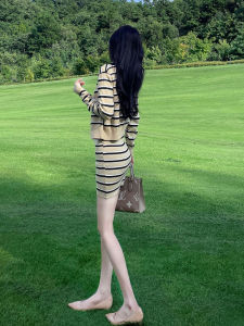 SHANGSHA | Autumn Stylish Elegant Lady Stripe Knit Dress Set