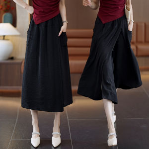Plus Size Ice Silk Womens Clothing Summer Thin High Waist Loose Culotte Plus Size Ladies Small Slim Looking 3/4 Casual Loose Pants