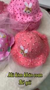 Mũ kèm khăn voan cho bé gái sơ sinh che bụi tránh gió khi ra đường 0-12 tháng Vải Cotton - Nón bé gái sơ sinh