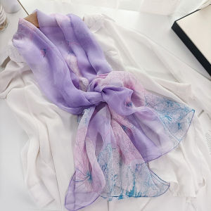 Womens Silk Scarf Spring/Summer Mothers Chiffon Printed Scarf Long Lotus Flower Middle-Aged Decorative Small Gauze Kerchief Sunscreen Shawl