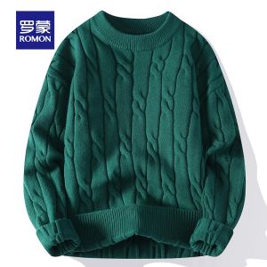 ROMON | เสื้อสเวตเตอร์ถักหนาสำหรับผู้ชาย ทรงหลวม คอกลม สีสันสดใส แฟชั่นฤดูหนาว ผ้าผสมโพลีเอสเตอร์และไนลอน