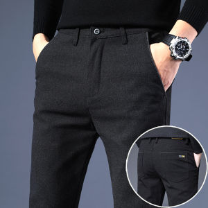 กางเกงผู้ชายสไตล์คาชูเอลเอวกลาง ขาตรง ลายหมากรุก ผสมผ้าฝ้ายและลินินเบาสําหรับฤดูใบไม้ผลิในและฤดูใบไม้ร่วง