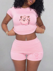 Bandai | Womens T Shirt Sports T Shirt Inner T Shirt with Cartoon Jigglypuff Print on Pink Set Closed Eyes Smiling Pattern