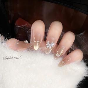 เล็บสวมใส่แบบมืออาชีพ Pure Handmade Butterfly Gradient Cat Eye White Beauty Nail Art เล็บสวมใส่พร้อมแผ่นติด