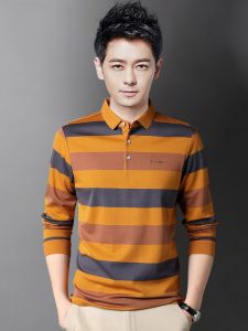 ROMON | Lormen Mens Long Sleeve Polo Shirt Casual Striped Business Leisure Collared T-Shirt Fashionable Urban Style Cotton Blend Top