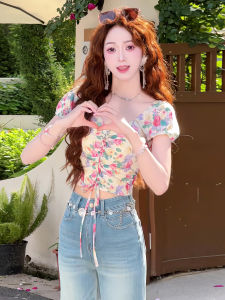 Áo Sơ Mi Nữ Tay Bồng Họa Tiết Hoa Kiểu Pháp Mới Mùa Hè Có Dây Rút Ôm Vừa Vặn Áo Ngắn Cổ Chữ V Dáng Rộng Mặc Thường Ngày