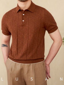 Cotton Linen Blend Mens Polo Shirt Striped Short Sleeve Business Casual T