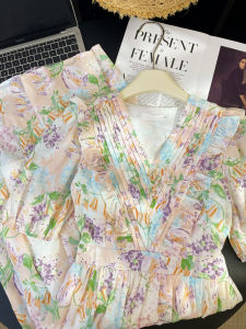 PAIBOLI | Gentle Feminine Style Summer French Tea Break V-neck Floral Print Long Dress Womens Clothing Soft Dreamy Forest System Design