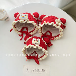 Red Baby Hat Autumn and Winter Girl Baby Lace Earflaps Head-Wrapping Cap Knitting Woolen Cap Double Layer Princess Hat
