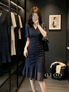 QINGMUZI | Hepburn Style Polka Dots V-neck Waist-cinching Short Dress