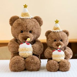 Cute Bear Plush Toy Birthday Cap Holding Cake Pillow Gift for Girlfriend Valentines Day Present Soft Stuffed Doll Bear Hug