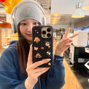 Stylish Autumn Winter Denim Embroidered Dog iPhone16 pro Max Full Cover Case by Lipark Cute Pet Design Compatible with Apple Phones