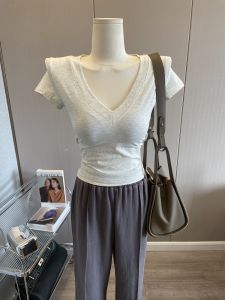 Áo Thun Nữ Cổ Chữ V Tay Ngắn Màu Trơn Ôm Vừa Vặn Mặc Trong Mùa Xuân Thu Thường Ngày Dài Tay Áo Lót