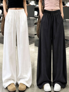 YAYANGREN | Tencel and Linen Womens Loose Drapey Black Straight Leg Pants